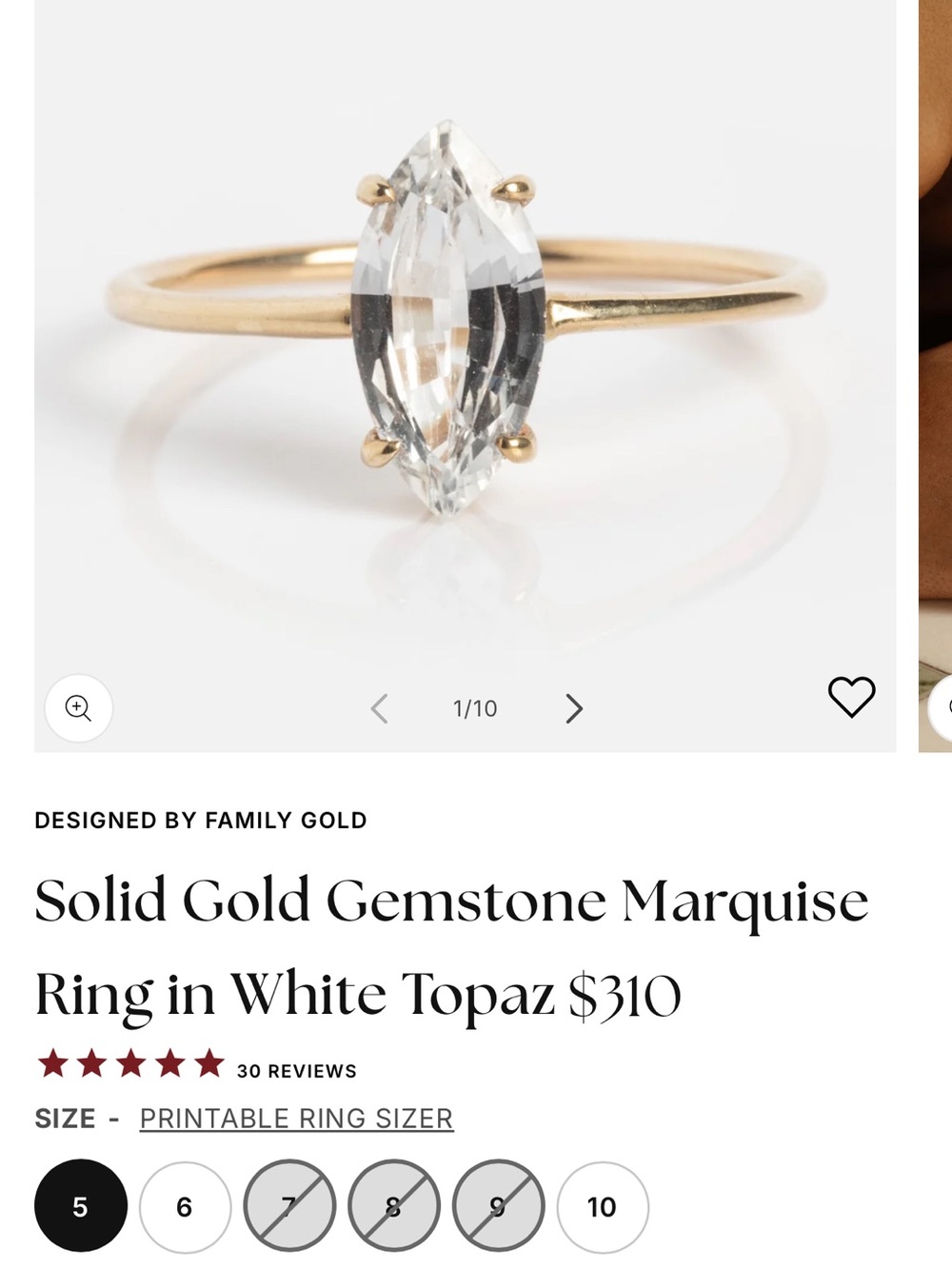 Local Eclectic Size 9 Solid Gold Marquise Ring with White Topaz NWOT
